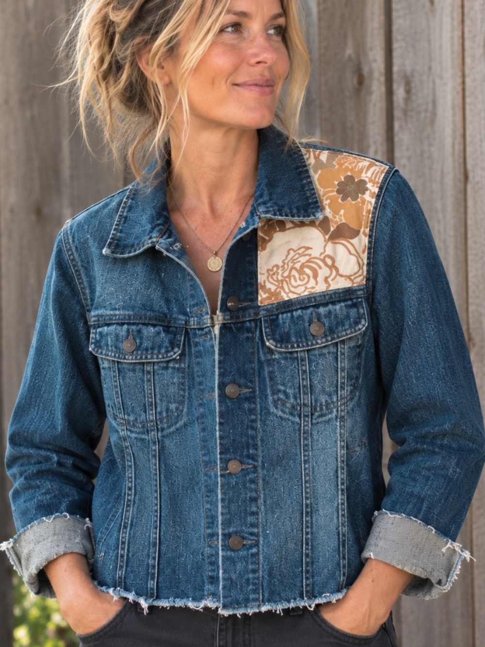 Upcycled Denim Jacket S/M | Reworked Distressed Jean Jacket | Floral Appliqué |